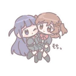  >_o 2girls aijo_karen black_socks blue_eyes blue_hair blunt_bangs blush bow bowtie brown_eyes brown_hair cheek-to-cheek chibi chibi_only closed_mouth crown_hair_ornament eye_contact full_body futon_(huton0v0) grey_jacket grey_skirt hair_ornament hairclip hand_up heads_together invisible_chair jacket kneehighs long_hair long_sleeves looking_at_another miniskirt multiple_girls no_shoes one_eye_closed open_clothes open_jacket pleated_skirt red_bow red_bowtie school_uniform seisho_music_academy_school_uniform short_hair shoujo_kageki_revue_starlight simple_background sitting sitting_on_lap sitting_on_person skirt smile socks translation_request tsuyuzaki_mahiru two_side_up very_long_hair white_background yuri 