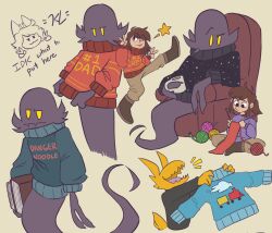  1girl 2boys :3 :p ;p a_hat_in_time alternate_costume armchair bad_id bad_tumblr_id black_eyes black_shirt black_sweater blue_sweater book boots brown_background brown_boots brown_hair brown_pants butterfly_sitting carrying carrying_under_arm chair child closed_mouth commentary conductor_(a_hat_in_time) cup double_v english_commentary english_text fewer_digits ghost hands_up hat_kid holding holding_book holding_cup holding_sweater holding_unworn_clothes jitome katlotl knitting leg_up long_sleeves looking_at_another looking_down medium_hair missing_headwear mug multiple_boys notice_lines one_eye_closed open_mouth pants ponytail purple_sweater red_sweater shirt sidelocks signature sitting smile snatcher_(a_hat_in_time) star_(symbol) starry_sky_print sweater tongue tongue_out train_print v yarn yarn_ball yellow_eyes 