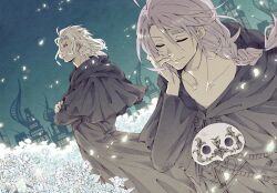  2boys braid closed_eyes closed_mouth commentary_request crossed_arms emet-selch final_fantasy final_fantasy_xiv flower from_side frown glowing hand_on_own_face hythlodaeus long_hair male_focus mask medium_hair multiple_boys night petals purple_hair robe sky smile tassel white_hair yuzuriko_red 