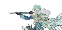  1boy absurdres ahoge aiming alyosha_(genshin_impact) animal animal_ears animal_nose aqua_hair black_fur black_gloves black_pants blue_eyes blue_jacket blush cape covered_mouth cowboy_shot dog dog_ears earmuffs floating_cape from_side fur-trimmed_cape fur_trim genshin_impact gloves gun hair_between_eyes hands_up highres holding holding_gun holding_weapon hood hooded_cape husky ikiisogi jacket long_sleeves looking_to_the_side male_focus open_mouth pants pet rifle short_hair simple_background sniper_rifle standing tongue tongue_out two-tone_fur weapon white_background white_cape white_fur yellow_eyes 