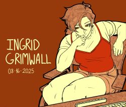  1girl 2025 absurdres birthday brown_background chair commentary computer desk english_commentary hand_on_own_chin highres ingrid_grimwall laptop leaning_back looking_down muscular muscular_female official_art pink_eyes pink_hair ponytail project:_eden's_garden red_tank_top shirt short_hair short_ponytail shorts side_part simple_background sitting smile solo tank_top tank_top_over_shirt toned toned_female white_shirt 