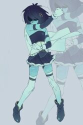 1other black_boots black_hair blue_skin boots cape colored_skin commentary cosplay crossdressing crossdressing_(otf) deltarune english_commentary fortissimo full_body gloves hair_ornament highres kris_(dark_world)_(deltarune) kris_(deltarune) mahou_shoujo_madoka_magica mahou_shoujo_madoka_magica_(anime) mahou_shoujo_madoka_magica_movie_1_&amp;_2 miki_sayaka miki_sayaka_(cosplay) miki_sayaka_(magical_girl) musical_note musical_note_hair_ornament other_focus partially_shaded_face solo souyo77 strapless thighhighs utdr_(toby_fox) white_cape white_gloves white_thighhighs zoom_layer