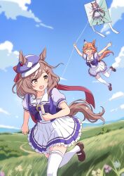  +_+ 3girls animal_ears blue_hat blue_sky blush bow bowtie breasts brown_eyes brown_hair brown_shoes clouds clover_hair_ornament commentary_request daruma_doll doll_hair_ornament ear_covers ears_through_headwear flipped_hair flower flying four-leaf_clover_hair_ornament funamori grass hair_between_eyes hair_ornament hairclip hat highres holding_kite horse_ears horse_girl horse_tail kite kite_flying kite_string long_hair low_twintails matikanefukukitaru_(umamusume) matikanetannhauser_(umamusume) medium_breasts medium_hair multicolored_hair multiple_girls newsboy_cap open_mouth orange_hair pleated_skirt puffy_short_sleeves puffy_sleeves purple_bow purple_bowtie purple_shirt running sailor_collar sailor_shirt school_uniform shirt shoes short_hair short_sleeves single_ear_cover skirt sky smile streaked_hair tail thigh-highs tilted_headwear tracen_school_uniform twintails umamusume white_hair white_sailor_collar white_skirt white_thighhighs yamanin_zephyr_(umamusume) yellow_eyes 