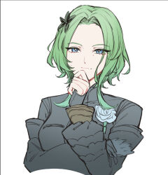  1girl black_dress black_flower blue_eyes closed_mouth commentary_request dress flower flower_on_chest green_hair hair_flower hair_ornament hand_on_own_cheek hand_on_own_face isolde_(zenless_zone_zero) long_hair looking_at_viewer mole mole_on_cheek mole_under_eye simple_background solo turtleneck turtleneck_dress upper_body vvo_uvv white_background white_flower zenless_zone_zero 