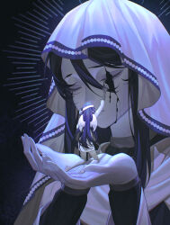  2girls absurdres angel angel_wings arm_up black_hair blood blood_from_eyes blue_hair closed_eyes commentary_request dress erchongbaojun facing_away feathered_wings giant hair_between_eyes halo highres in_palm long_hair long_sleeves looking_at_another mini_person minigirl multiple_girls original own_hands_together parted_lips scarf size_difference upper_body veil white_dress white_scarf white_veil white_wings wings 