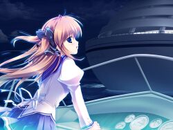  1girl ahoge asuka_mirai back_ribbon black_bow blue_eyes bow bowtie brown_hair cross-laced_clothes floating_hair from_behind game_asset hair_bow hair_intakes hand_rest highres jacket juliet_sleeves leaning_forward long_hair long_sleeves looking_at_viewer looking_back mikeou miniskirt multiple_hair_bows nanairo_kouro night non-web_source ocean open_mouth outdoors pleated_skirt profile puffy_sleeves purple_sailor_collar purple_skirt ribbon sailor_collar school_uniform self-datamine ship skirt sky solo striped_clothes two_side_up watercraft weapon white_jacket white_ribbon 
