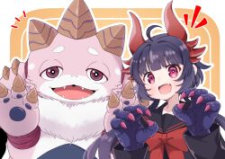  1girl :d absurdres ahoge akaishi_kuroe animal_hands black_hair black_sailor_collar black_serafuku black_shirt blush border bow bowtie bright_pupils chest_fur claws commentary crossover dotted_background fang fangs half-closed_eyes hands_up highres horns kaiju long_hair long_sleeves looking_at_viewer monster monster_girl nkeo notice_lines open_mouth orange_background otome_kaijuu_carameliser outline outside_border pawpads pink_claws pucchi_(ultraman_teo) red_bow red_bowtie red_horns sailor_collar sailor_shirt school_uniform season_connection serafuku sharp_teeth shirt side-by-side skin_fang smile teeth thick_eyebrows tokusatsu twintails ultra_series ultraman_teo_(series) upper_body v-shaped_eyebrows very_long_hair violet_eyes white_border white_outline white_pupils 
