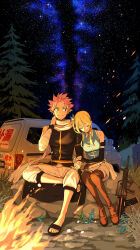  1boy 1girl assault_rifle asymmetrical_sleeves blonde_hair boots bullpup campfire closed_eyes couple fairy_tail forest grass gun hetero highres looking_at_another lucy_heartfilia natsu_dragneel nature outdoors pine_tree pink_hair qbz-95 rifle rushi_(mousang) sandals scarf sky sleeping sleeveless star_(sky) starry_sky tree weapon 