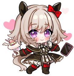  1girl animal_ears bare_shoulders black_hairband blush bow breasts cellphone chibi chocola_vt closed_mouth coat commentary curren_chan_(fille_eclair)_(umamusume) curren_chan_(umamusume) dress ear_bow ear_covers food gloves grey_hair hairband heart highres horse_ears horse_girl horse_tail long_sleeves looking_at_viewer off-shoulder_coat off-shoulder_jacket off_shoulder parfait phone red_bow red_thighhighs short_hair smartphone smile solo striped_clothes striped_dress tail thigh-highs umamusume vertical-striped_clothes vertical-striped_dress violet_eyes white_gloves 