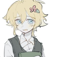  1boy antenna_hair basil_(faraway)_(omori) basil_(omori) blackseek blonde_hair blue_eyes blush collar double-parted_bangs flower green_sweater_vest hair_between_eyes hair_flower hair_ornament looking_at_viewer male_focus omori open_mouth shirt short_hair sidelocks simple_background sketch solo sweater_vest white_background white_shirt 