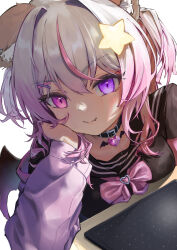  1girl absurdres animal_ear_fluff animal_ears annytf arctanln2 arm_warmers belt_collar black_collar blush bow bowtie closed_mouth collar commentary demon_wings elbow_rest english_commentary fang fox_ears gradient_hair grey_hair hair_ornament hand_on_own_face hand_up heart heart_necklace hetero highres indie_virtual_youtuber jewelry looking_at_viewer mousepad_(object) multicolored_hair necklace pink_bow pink_bowtie pink_eyes pink_hair pink_streaks portrait simple_background skin_fang smile solo star_(symbol) star_hair_ornament streaked_hair violet_eyes virtual_youtuber white_arm_warmers white_background wings x_hair_ornament 