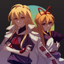  2girls alternate_costume arong blonde_hair closed_mouth coat coat_on_shoulders commentary contemporary crossed_arms dated_commentary delinquent folding_fan hair_ribbon hand_fan holding holding_fan long_hair looking_at_viewer matara_okina missing_headwear multiple_girls orange_eyes purple_shirt red_ribbon ribbon sailor_collar school_uniform shirt short_sleeves smile tokkoufuku touhou upper_body violet_eyes white_coat white_sailor_collar yakumo_yukari 