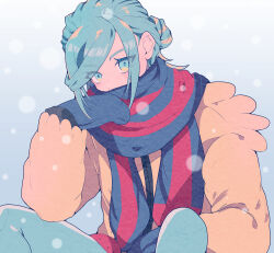  1boy absurdres androgynous blue_eyes blue_gloves blue_hair blue_pants commentary_request covered_mouth gloves grusha_(pokemon) hair_behind_ear highres jacket kuruni_purikyua long_sleeves looking_at_viewer male_focus pants pokemon pokemon_scarlet_and_violet red_scarf scarf solo yellow_jacket 
