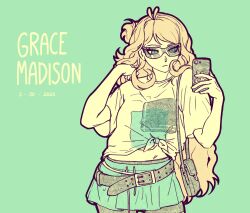  aqua_background aqua_skirt bag belt birthday black_belt black_shorts blonde_hair blue_eyes cellphone commentary cowboy_shot english_commentary flat_color grace_madison hair_bun hand_in_own_hair handbag highres holding holding_phone long_hair official_art phone project:_eden's_garden seraph_(sera_phiel) shirt short_sleeves shorts shorts_under_skirt skirt smartphone square_print sunglasses tied_shirt white_shirt 