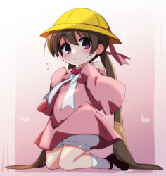  1girl bloomers brooch brown_hair child collared_dress dress hat heart heart_brooch highres jewelry kasukeomote kindergarten_uniform low_twintails pink_dress pink_sleeves redrawn ribbon school_hat sleeves_past_fingers sleeves_past_wrists solo tsukuyomi_ai twintails voiceroid white_bloomers white_ribbon yellow_hat 