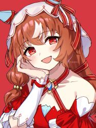  1girl animal_ears blush breasts brown_hair ceceno collarbone detached_sleeves dress ear_covers ear_ribbon hair_between_eyes hair_ornament hand_on_own_cheek hand_on_own_face highres horse_ears horse_girl long_hair looking_at_viewer multicolored_hair open_mouth red_background red_dress red_eyes ribbon simple_background small_breasts smile solo still_in_love_(scarlet_vow_raiment)_(umamusume) still_in_love_(umamusume) streaked_hair umamusume upper_body veil white_streaks white_veil 