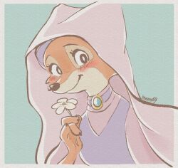  1girl animal_nose artist_name black_eyes blue_background blush body_fur border bright_pupils brooch closed_mouth commentary dress english_commentary flower fox_girl furry furry_female hand_up happy holding holding_flower hood hood_up jewelry looking_at_viewer maid_marian_(disney) meme_(penpengusa_no_meme) orange_fur pinafore_dress pink_hood purple_dress robin_hood_(disney_movie) signature simple_background sleeveless sleeveless_dress smile snout solo two-tone_fur upper_body white_border white_flower white_fur white_pupils wide-eyed 