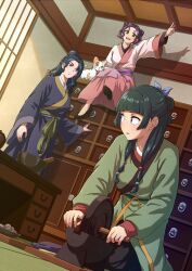  3girls :d beads black_pants black_shoes blue_eyes blue_hair blunt_bangs bow breasts cat chinese_clothes closed_mouth commentary freckles green_hair hair_beads hair_bow hair_ornament highres hutarikiri2025 indoors kusuriya_no_hitorigoto long_sleeves looking_at_another looking_back mao_mao_the_cat maomao_(kusuriya_no_hitorigoto) middle_part multiple_girls on_ground open_mouth pants purple_hair shisui_(kusuriya_no_hitorigoto) shoes sitting small_breasts smile suiren_(kusuriya_no_hitorigoto) twintails wide_sleeves 