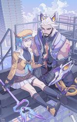  1boy 1girl animal_ears battle_wolf_sylas beard blue_eyes bow byuub collar facial_hair hat highres holding holding_leash holding_staff jacket league_of_legends leash lux_(league) midriff muscular muscular_male pink_hair skirt smile soul_fighter_(league) soul_fighter_lux staff sylas_(league) vest white_hair 