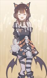  1girl ahoge animal_ear_headphones animal_ears arm_belt arms_behind_back asymmetrical_legwear bandaid bandaid_on_leg bare_shoulders bat_wings belt belt_collar black_choker black_hair black_nails black_sweater cat_ear_headphones cat_ears choker closed_eyes collar commentary_request cowboy_shot cross-laced_clothes cross-laced_dress dress eyeball_hair_ornament facing_viewer fake_animal_ears headphones highres layered_dress leg_belt long_sleeves mahou_shoujo_no_majo_saiban multicolored_hair nail_polish obelisk3 off-shoulder_sweater off_shoulder open_mouth orange_nails orange_streaks sawatari_coco shirt short_hair single_bare_shoulder single_thighhigh skirt skull smile solo straight-on streaked_hair striped_clothes striped_thighhighs stuffed_animal stuffed_cat stuffed_toy sweater thigh-highs white_shirt white_skirt wings yellow_background 