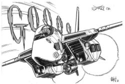  afterburner canopy_(aircraft) choujikuu_yousai_macross commentary_request energy_cannon flying greyscale gun gunpod machine_gun macross mecha_pilot_suit monochrome pilot roundel signature sound_effects thrusters u.n._spacy variable_fighter vf-1 vf-1s weapon white_background yukimura_(soxhunter) 