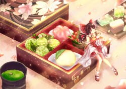  1girl absurdres ascot bow brown_hair brown_shoes commentary_request cup detached_sleeves emloste falling_petals food food_request frilled_bow frilled_hair_tubes frilled_skirt frills full_body green_tea hair_bow hair_tubes hakurei_reimu highres juubako long_hair looking_at_viewer mary_janes mini_person minigirl open_mouth petals pink_petals red_bow red_eyes red_skirt ribbon-trimmed_skirt ribbon-trimmed_sleeves ribbon_trim shoes sitting skirt skirt_set smile socks solo tea touhou white_socks yellow_ascot yunomi 