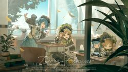  2girls ^_^ bag bird_hat_ornament black_bag black_bow black_bowtie black_capelet black_flower black_hat black_rose blonde_hair blue_hair blue_necktie blue_skirt bonnet book bow bow_flower bowtie braid braided_hair_rings capelet chair character_doll chinese_commentary closed_eyes collared_shirt commentary_request deerstalker desk doll dress english_text falling_petals flower flower-trimmed_dress flower-trimmed_skirt frilled_capelet frilled_dress frilled_skirt frilled_sleeves frills green_bonnet green_eyes grey_vest hair_bow hair_flower hair_ornament hair_rings hat hat_bow highres layered_dress lolita_fashion long_hair long_sleeves mahou_shoujo_no_majo_saiban multiple_girls necktie open_mouth petals plaid_clothes plaid_skirt rose school_desk shirt short_hair sitting skirt smile tachibana_sherry tono_hanna twintails two-tone_dress vest white_flower white_rose white_shirt wide_sleeves window winged_hat yellow_flower yellow_rose yuri yuwenyueyao 