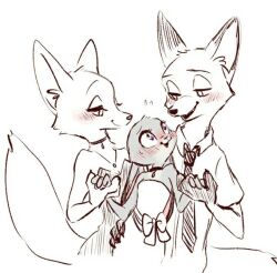  1boy 2girls :3 animal_ears animal_nose bare_shoulders blush body_fur bow choker closed_mouth commentary_request cropped_torso dress dress_bow ears_down embarrassed eye_contact flat_chest flying_sweatdrops fox_boy fox_ears fox_girl fox_tail furry furry_female furry_male grey_fur half-closed_eyes hand_on_another's_waist hands_up happy holding_hands jewelry jpeg_artifacts judy_hopps looking_at_another looking_back looking_up meme_(penpengusa_no_meme) multi-source_commentary multiple_girls necklace nervous nervous_smile nick_wilde nose_blush open_mouth partial_commentary partially_colored rabbit_ears rabbit_girl raised_inner_eyebrows sash simple_background sketch skye_(zootopia) smile snout standing strapless strapless_dress sweat tail tail_raised upper_body violet_eyes white_background wide-eyed zootopia 