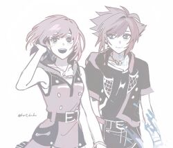  bare_shoulders belt belt_buckle black_belt black_jacket blue_eyes breasts brown_hair buckle crown_necklace dress hair_between_eyes hat_babo hetero hood hood_down hooded_dress jacket kairi_(kingdom_hearts) kingdom_hearts kingdom_hearts_iii light_blush light_smile looking_at_another medium_breasts open_mouth pink_dress red_hair red_trim short_hair sleeveless sleeveless_dress smile sora_(kingdom_hearts) spiky_hair splashing twitter_username upper_body white_background 