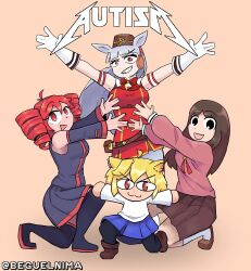  4girls :3 absurdres animal_ears artist_name autism azumanga_daioh azumanga_daioh's_school_uniform beguelnima blonde_hair brown_eyes brown_hair brown_hat brown_skirt cat_ears cat_girl crossover detached_sleeves drill_hair gloves gold_ship_(umamusume) hat highres horse_ears horse_girl kasane_teto kasane_teto_(utau) kasuga_ayumu metallica multiple_girls neco-arc orange_background pantyhose pillbox_hat pink_serafuku pink_shirt red_hair red_trim school_uniform serafuku shirt simple_background skirt sweater tsukihime twin_drills umamusume utau white_gloves white_sweater 