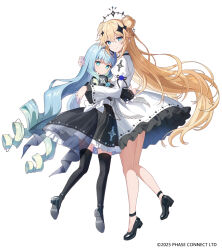  2025 2girls aqua_hair black_dress black_halo black_shoes black_thighhighs blonde_hair blue_eyes blue_hair bow commentary copyright_logo copyright_notice double_bun dress dress_bow drill_hair english_commentary frilled_dress frills gradient_hair hair_bun halo hug jelly_hoshiumi kaneko_lumi logo long_hair long_sleeves looking_at_viewer multicolored_hair multiple_girls official_art phase_connect renian shoes short_dress simple_background sparkle_hair_ornament standing thigh-highs twin_drills very_long_hair white_background white_bow white_dress 