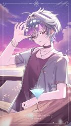  1boy aqua_hair black_choker black_tank_top boat choker commentary_request earrings eyewear_on_head genshin_impact glass grey_hood grey_jacket heart heart-shaped_eyewear highres hood hooded_jacket jacket jewelry lohen_(genshin_impact) male_focus necklace on_boat pink-framed_eyewear short_hair single_earring solo tank_top watercraft yakousei_ookami 