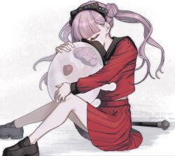  1girl black_bow black_hairband black_hat black_sailor_collar black_shoes bow brain closed_eyes commentary conductor_baton double_bun hair_bun hairband hat heart highres hug long_hair mau_(maizokin_mau) pink_hair red_serafuku red_skirt sailor_collar school_uniform serafuku shoes sirei_(hundred_line) sitting skirt the_hundred_line_-last_defense_academy- tsukumo_kako twintails twitter_username white_background 