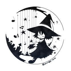  1girl beamed_eighth_notes blending boots closed_eyes closed_mouth commentary commentary_request dress eighth_note greyscale harp hat instrument loa_lawrence_(orange_lore) monochrome musical_note on_crescent one-hour_drawing_challenge orange_lore original playing_instrument quarter_note scarf simple_background sitting smile solo star_(symbol) twitter_username white_background witch_hat 