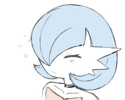  1girl alternate_color bare_shoulders black_choker blue_hair choker closed_eyes closed_mouth collarbone commentary english_commentary gardevoir gribberoni hair_over_one_eye highres medium_hair mega_gardevoir one_eye_covered pokemon pokemon_(creature) pokemon_focus portrait shiny_pokemon sleepy solo squeans white_background 