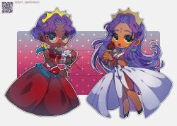  2girls bindi blue_eyes chibi commentary_request dark-skinned_female dark_skin dress earrings flower green_eyes highres himemiya_anthy holding holding_flower jewelry long_hair looking_at_viewer multiple_girls open_mouth pari_pari_kyabetu220 purple_hair red_dress rose shoujo_kakumei_utena shoujo_kakumei_utena_adolescence_mokushiroku simple_background smile white_dress wrist_cuffs 