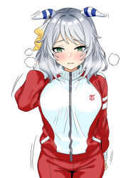  1girl animal_ears arm_behind_head blush commentary_request cowboy_shot eyelashes gradient_ribbon green_eyes grey_hair hair_ribbon highres hishi_miracle_(umamusume) horse_ears horse_girl jacket long_sleeves medium_hair motion_lines multicolored_jacket pants red_jacket red_pants ribbon simple_background smapy_sumataku solo steam sweat track_jacket track_pants track_suit two-tone_jacket two-tone_ribbon umamusume variant_set white_background white_jacket white_ribbon yellow_ribbon zipper 