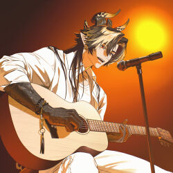  1boy absurdres alternate_costume arknights black_hands blonde_streaks bracelet brown_hair chinese_commentary chongyue_(arknights) collared_shirt colored_extremities commentary_request curtained_hair dragon_boy dragon_horns earrings eastern_dragon_horns fan_mu_zhang feet_out_of_frame from_below guitar highres horns instrument jewelry lens_flare long_hair male_focus microphone microphone_stand multicolored_hair parted_bangs playing_guitar playing_instrument pointy_ears shirt singing sleeves_pushed_up solo streaked_hair tassel warm_colors white_shirt 