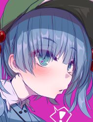  ! 1girl absurdres bags_under_eyes blue_eyes blue_hair blue_shirt blush close-up commentary_request green_hat hair_bobbles hair_ornament hat highres kawashiro_nitori looking_at_viewer open_mouth portrait purple_background ringed_eyes shirt short_hair solo spoken_exclamation_mark sushi_beisu touhou 