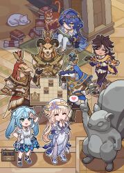  3girls 4boys ^_^ animal_nose arm_up beak bird_boy blonde_hair blue_hair book boots bracer brown_hair cape cat closed_eyes closed_mouth colored_sclera commentary crocodile_boy crossed_legs curled_horns deformed detached_sleeves dress drill_hair ear_ornament english_commentary eye_mask faruzan_(genshin_impact) food furry furry_male genshin_impact gloves green_eyes grey_hair hair_between_eyes hand_on_own_hip hands_up hat hat_ornament heart heryshaf_(genshin_impact) highres holding holding_book holding_plate horns layla_(genshin_impact) long_hair looking_at_another looking_at_object mask multicolored_hair multiple_boys multiple_girls nicole_(genshin_impact) no_pupils on_stool open_book open_mouth pants pixel_art plate ppyok_1017 reading sethos_(genshin_impact) shirt shoes sitting smile snout sobek_(genshin_impact) speech_bubble standing statue stool table tan thigh_boots thoth_(genshin_impact) thought_bubble twintails two-tone_hair veil very_long_hair walking yellow_eyes 
