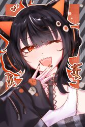  1girl :d ;d absurdres ahoge animal_ear_headphones animal_ears bare_shoulders belt_collar black_choker black_hair black_sweater cat_ear_headphones cat_ears choker collar commentary eyeball_hair_ornament fake_animal_ears headphones highres long_sleeves looking_at_viewer mahou_shoujo_no_majo_saiban multicolored_hair off-shoulder_sweater off_shoulder one_eye_closed open_mouth orange_eyes orange_streaks outline poikra sawatari_coco sharp_teeth shirt short_hair single_bare_shoulder smile solo streaked_hair sweater teeth white_outline white_shirt 