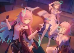  3girls absurdres aqua_hair bed black_coat black_gloves black_skirt breasts camera coat commentary_request cosplay costume_switch ct_nolmetta cyrene_(demiurge)_(honkai:_star_rail) cyrene_(honkai:_star_rail) cyrene_(honkai:_star_rail)_(cosplay) diamond-shaped_pupils diamond_(shape) dress flower gloves grey_hair hair_flower hair_ornament highres holding holding_camera honkai:_star_rail honkai_(series) indoors loading_icon long_hair march_7th_(honkai:_star_rail) march_7th_(preservation)_(honkai:_star_rail) medium_breasts medium_hair miniskirt multicolored_hair multiple_girls pink_hair shirt skirt stelle_(honkai:_star_rail) stelle_(honkai:_star_rail)_(cosplay) symbol-shaped_pupils taking_picture trailblazer_(honkai:_star_rail) very_long_hair violet_eyes white_dress white_hair white_shirt yellow_eyes 