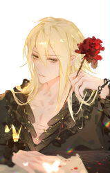  1boy alkaid_mcgrath ambiguous_red_liquid arm_on_table between_fingers black_shirt blonde_hair bug butterfly chinese_commentary collarbone ear_piercing feather_trim flower frilled_shirt frills green_eyes hair_between_eyes hand_up highres holding holding_flower long_hair long_sleeves looking_at_viewer lovebrush_chronicles male_focus paper parted_lips piercing red_flower red_rose refraction rose shirt sideways_glance simple_background solo table upper_body v-shaped_eyebrows white_background yimaoxun 