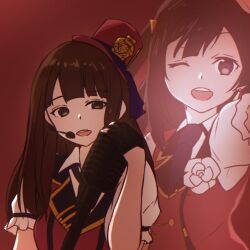  2girls black_gloves black_hair brown_eyes brown_hair chase!_(love_live!) commentary earrings fingerless_gloves gloves grey_eyes hat highres holding holding_microphone jewelry koukoutou_(seikoutoutei) kusunoki_tomori long_hair looking_at_viewer love_live! love_live!_nijigasaki_high_school_idol_club microphone microphone_stand multiple_girls one_eye_closed one_side_up red_background upper_body voice_actor voice_actor_connection yuki_setsuna 