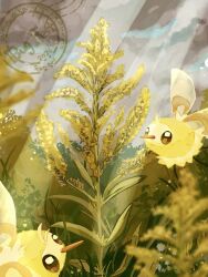  black_eyes clouds cloudy_sky commentary_request cutiefly flower flying grass highres insect_wings no_humans pokemon pokemon_(creature) pokemon_focus sky square_pupils toro_nika wings 