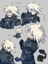  1boy ? absurdres ahoge android armor chibi danganronpa_(series) danganronpa_v3:_killing_harmony frown gloves grey_background hair_between_eyes hat highres jacket k1-b0 male_focus multiple_views sabaage school_uniform serious short_hair simple_background smile sweat unsure white_hair 