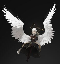  1girl absurdly_long_hair absurdres black_dress black_shoes blush book bow braid bright_pupils brown_pantyhose chain closed_mouth coeiroink commentary_request double-parted_bangs dress facial_mark feathered_wings flying full_body gold_chain grey_background grey_bow grey_hair hair_between_eyes hair_ornament halo highres holding holding_book housen_reiri long_hair long_sleeves looking_down low_twin_braids open_book oversized_wings pantyhose reading rectangular_halo shoes simple_background solo tassel tassel_hair_ornament twin_braids uranosebi very_long_hair white_pupils white_wings wings yellow_eyes yellow_halo 