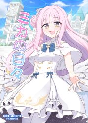  1girl :d blue_archive blue_bow blue_flower blue_sky blush bow breasts brown_eyes building capelet clock clock_tower clouds commentary_request cover cover_page crescent day dress feathered_wings flower frilled_dress frills hair_bun hair_flower hair_ornament highres long_hair low_wings medium_breasts mika_(blue_archive) nichika_(nitikapo) outdoors pantyhose pink_hair single_side_bun sky smile solo stairs tower translation_request very_long_hair white_capelet white_dress white_pantyhose white_wings window wings 
