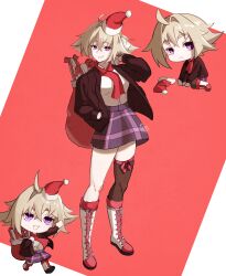  1girl absurdres ahoge bag black_thighhighs blonde_hair boots breasts brown_jacket chibi chibi_inset christmas_present commentary crossed_bangs faron_(faro_on) full_body gift hair_between_eyes hair_intakes hand_in_pocket hand_up hat highres holding holding_bag jacket knee_boots medium_breasts miniskirt multicolored_boots open_clothes open_jacket plaid_clothes plaid_skirt purple_skirt red_boots red_scarf santa_hat scarf shirt shirt_tucked_in short_hair single_thighhigh sitting skirt smile standing thigh-highs two-tone_boots urotsuki violet_eyes wariza white_boots white_shirt yume_2kki 
