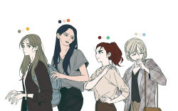  4girls angry backpack baek_hyojin bag blue_hair bracelet brown_hair closed_eyes color_guide commentary_request cowboy_shot eun_dohae fang furrowed_brow green_eyes grey_hair hand_on_own_face hand_on_own_hip hand_on_own_shoulder happiness_rides_a_broomstick height_difference highres jewelry kim_danjo korean_commentary laughing layered_clothes long_hair long_sleeves looking_at_another multiple_girls official_art pants ponytail red_hair shirt short_hair shoulder_bag sleeves_rolled_up t-shirt white_background yellow_eyes yeongol yuju_(happiness_rides_a_broomstick) 